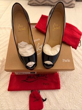 Christian Louboutin Black Patent Peep-Toe Pumps with Red Dust Bags